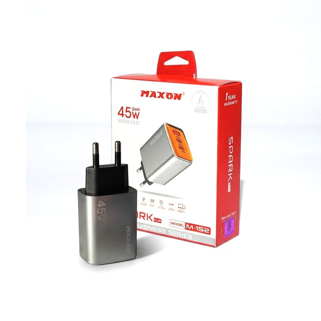 MAXON M-152 45W GaN Super Fast Charger | SPARK PLUS Business Series | 3 Ports PD + QC | GaN Technology | 1 Year Warranty | For Samsung Super Fast, iPhone, Laptop